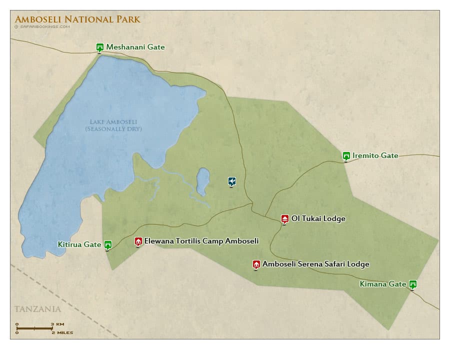 A stylized map of Amboseli National Park and its surroundings.