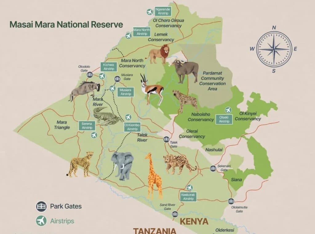 A stylized map showing the layout of the Masai Mara region.